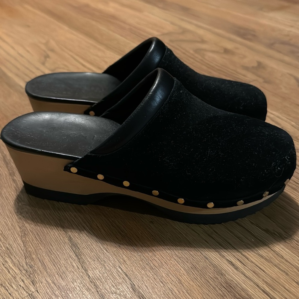 Suede clogs with gold nailhead detail